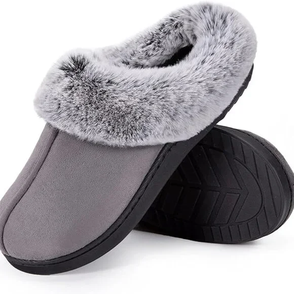Women's Moccasins Faux Fur Trim Memory Foam Slippers(Dark Gray) - Picture 2 of 7